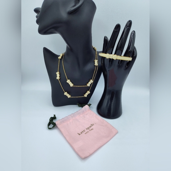 kate spade Jewelry - Kate Spade Cream Enamel Bow And Gold Accent Necklace & Bangle Set Dust Bag NWOT